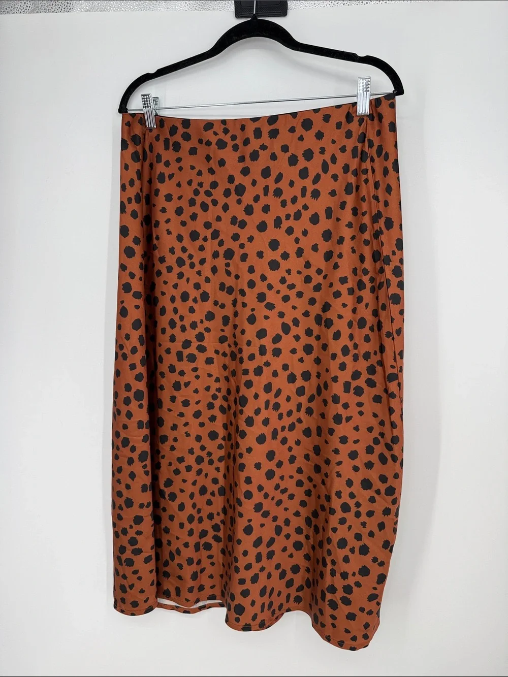 Rust Brown Black Spotted Satin Midi Skirt XL